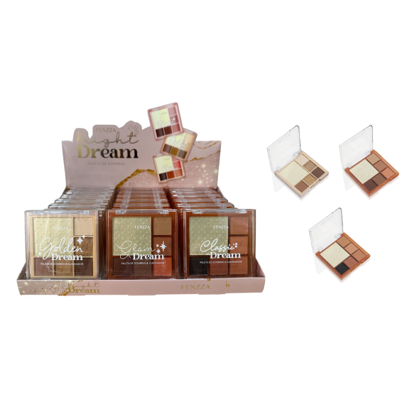 PALETA DE SOMBRAS COM ILUMINADOR BRIGHT DREAM FENZZA CX 24 PÇS